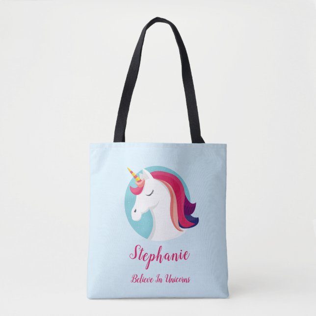 Pink & Blue Magical Unicorn – Personalised Tote Bag (Front)