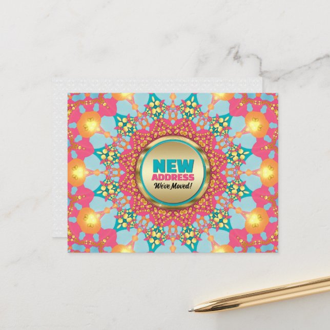 Pink Blue Mandala We've Moved New Address Announcement Postcard (Front/Back In Situ)