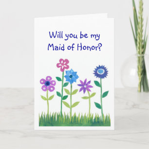 Pink, Blue, Mauve Flowers Maid of Honour Request Invitation