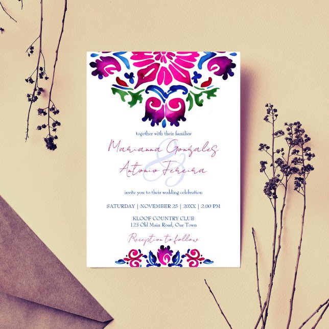 Pink blue Mexican talavera tiles wedding Invitation (Pink blue Mexican talavera tile wedding Invitation template digital download bold color folk pattern)