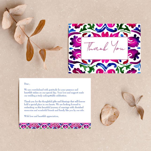 Pink blue Mexican Talavera tiles wedding thank you (Pink blue Mexican Talavera tiles wedding thank you cards Fiesta Mexicana thank you cards magenta)