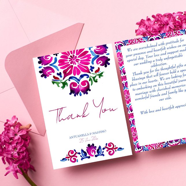 Pink blue Mexican talavera tiles wedding Thank You Card (Pink blue Mexican talavera azulejo tiles wedding Thank You Cards)