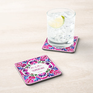 Pink blue Mexican tile bridal shower wedding favou Coaster