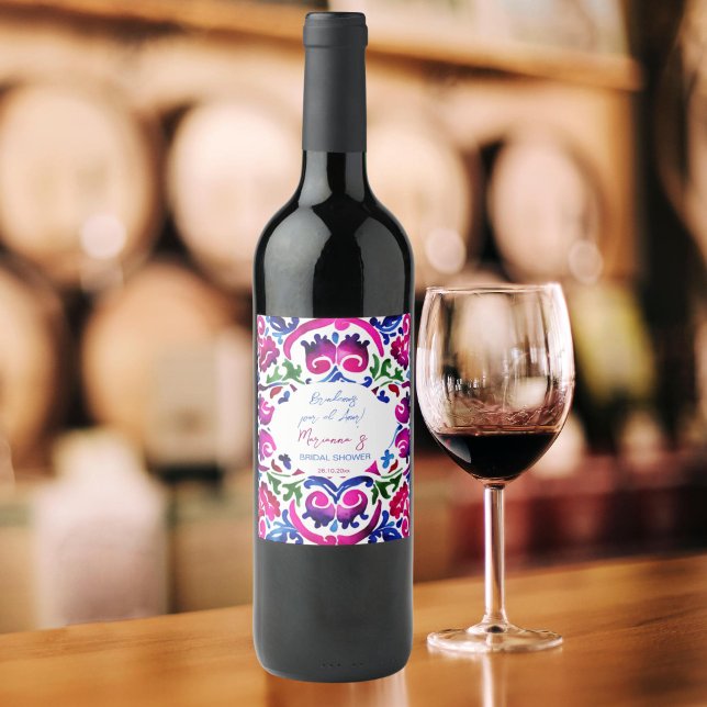 Pink blue Mexican tiles bridal shower cheers Wine Label (Mexican Talavera tiles pink blue fiesta Mexicana personalized wine labels cheers to love Brindemos )