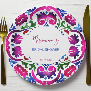 Pink blue Mexican tiles bridal shower tableware Paper Plate