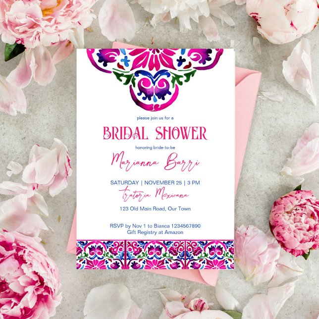 Pink blue Mexican tiles bridal shower template (Pink blue Mexican Talavera tiles bridal shower editable template invitation instant digital download)