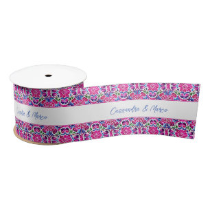 Pink blue Mexican tiles personalised name gift Satin Ribbon