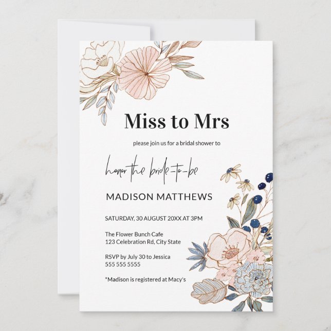Pink Blue Miss to Mrs Floral Bridal Shower Invitat Invitation (Front)
