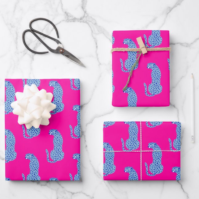 Pink & Blue Modern Cheetah Pattern Set of 3 Wrapping Paper Sheet (Front)