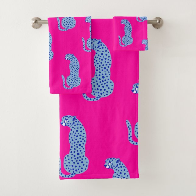 Pink & Blue Modern Jungle Cheetah Bath Towel Set (Insitu)