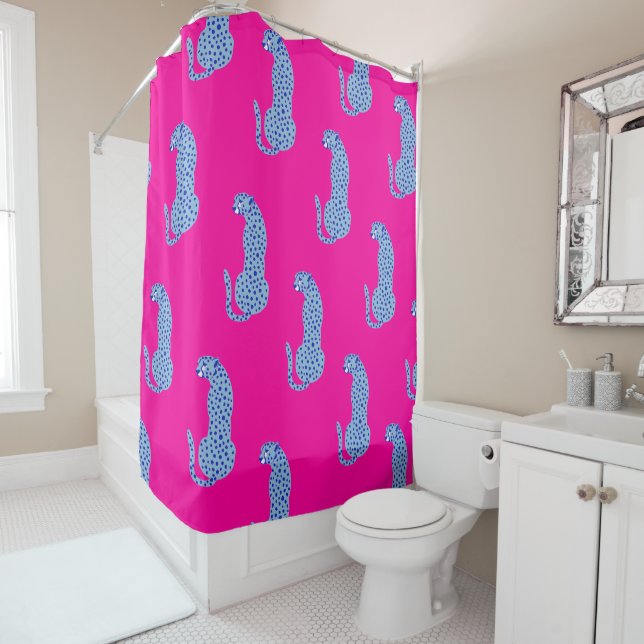 Pink & Blue Modern Jungle Cheetah Shower Curtain (In Situ)
