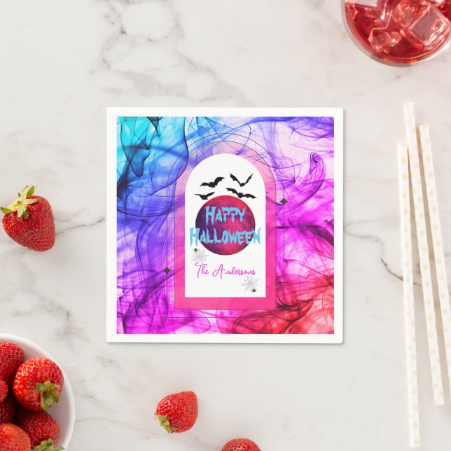 Pink Blue Modern Typography Moon Happy Halloween Napkin (Insitu)