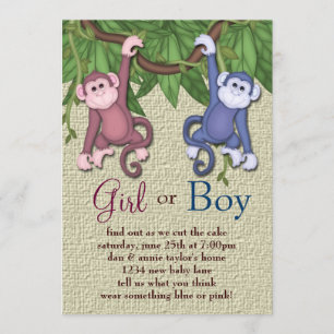 Pink Blue Monkey Gender Reveal Party Invitations