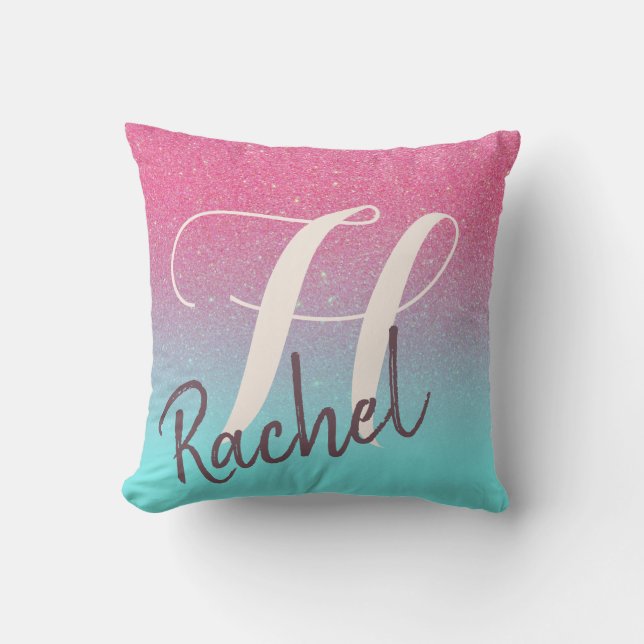 Pink Blue Monogram Name Dream Glitter Reversible Cushion (Front)