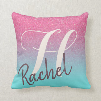 Pink Blue Monogram Name Dream Glitter Reversible Cushion