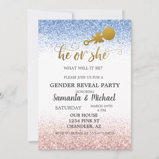 Pink Blue Ombre Glitter Gold Gender Reveal Party Invitation (Front)