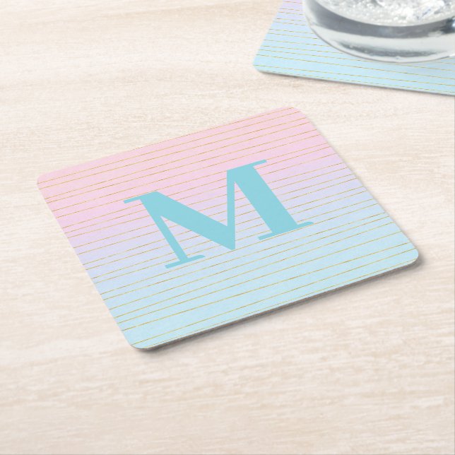 Pink Blue Ombre with Gold Lines Monogram Square Paper Coaster (Angled)