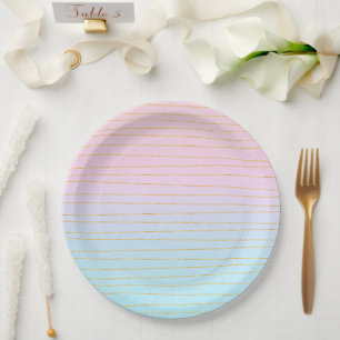 Pink Blue Ombre with Gold Lines Paper Plate