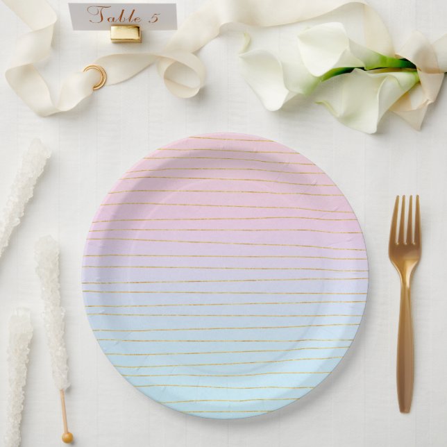 Pink Blue Ombre with Gold Lines Paper Plate (Wedding)