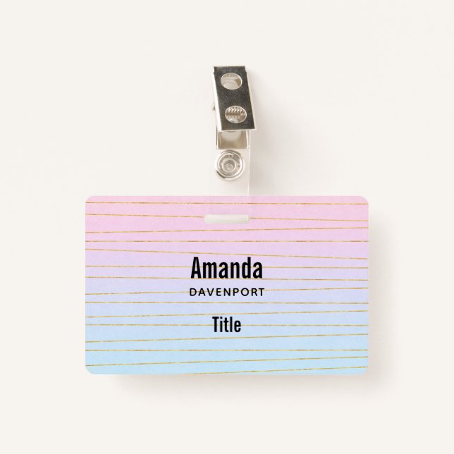 Pink Blue Ombre with Thin Gold Lines ID Badge (Front with Clip)