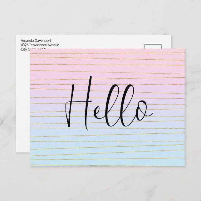 Pink Blue Ombre with Thin Gold Lines Postcard (Front/Back)