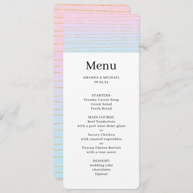 Pink Blue Ombre with Thin Gold Lines Wedding Menu Invitation (Front/Back)