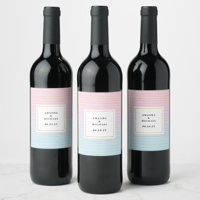 Pink Blue Ombre with Thin Gold Lines - Wedding Wine Label (Bottles)