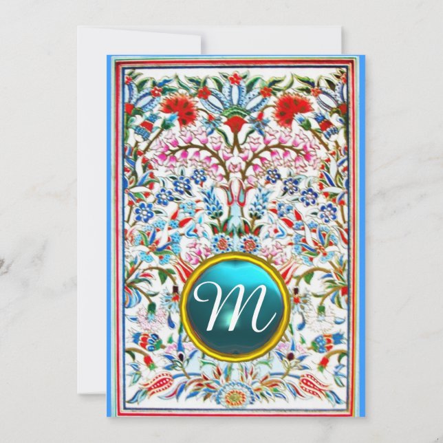 PINK BLUE ORIENTAL FLOWERS DAMASK GEM MONOGRAM INVITATION (Back)