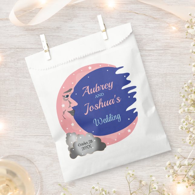 Pink & Blue Over the Moon Wedding Personalised Favour Bag (Clipped)
