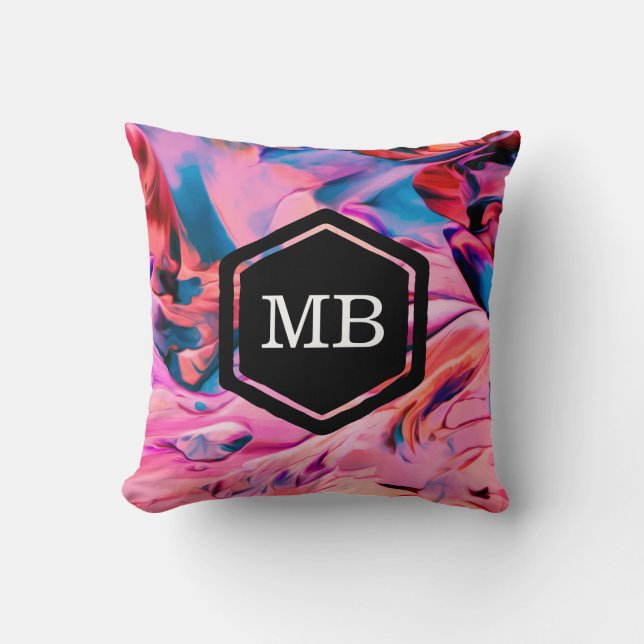 Pink blue paint swirls monogram pillow (Front)