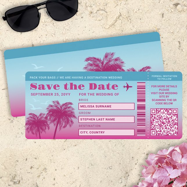 Pink Blue Palms Faux Boarding Pass Save The Date Invitation (Creator Uploaded)