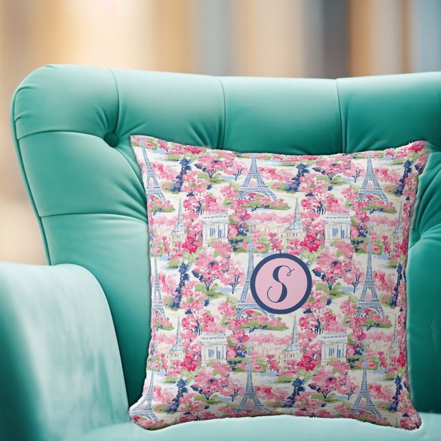 Pink & Blue Paris Patterned Monogram Cushion (Creator Uploaded)