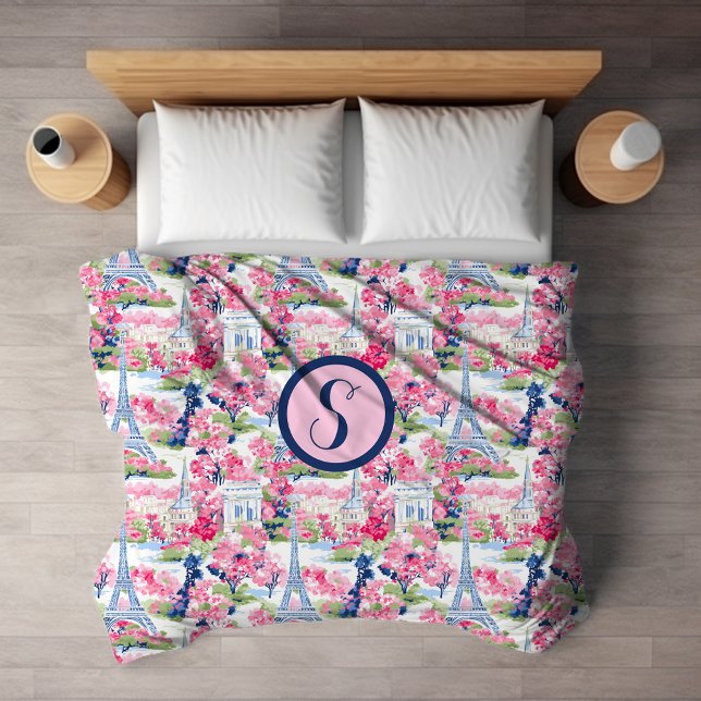 Pink & Blue Paris Patterned Monogram Sherpa Blanket (Creator Uploaded)