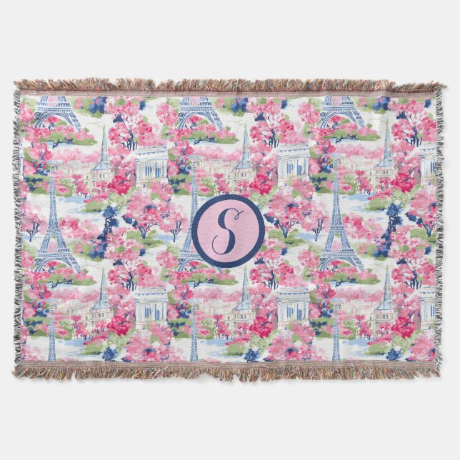 Pink & Blue Paris Patterned Monogram Throw Blanket (Front)