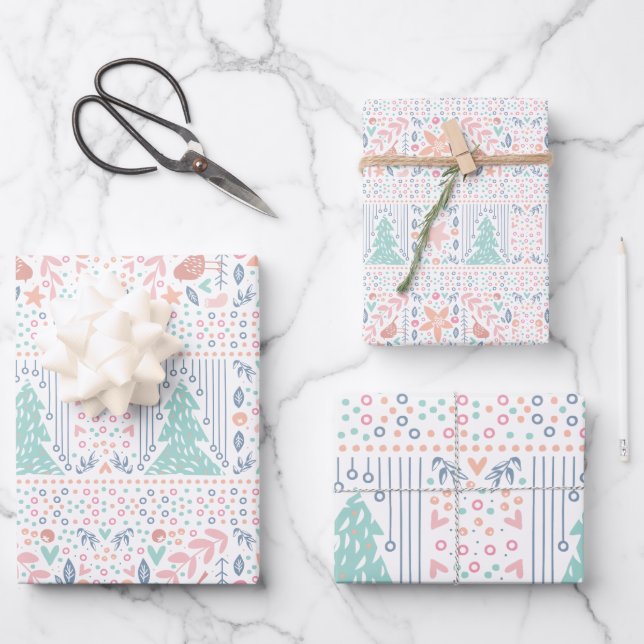Pink Blue Pastel Christmas Tree Retro Wrapping Paper Sheet (Front)