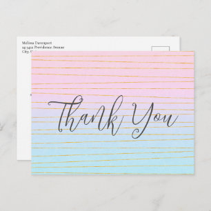 Pink Blue Pastel Gradient with Gold Line Thank You Postcard