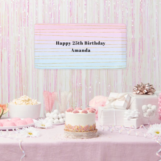 Pink Blue Pastel Gradient with Gold Lines Birthday Banner (Party)