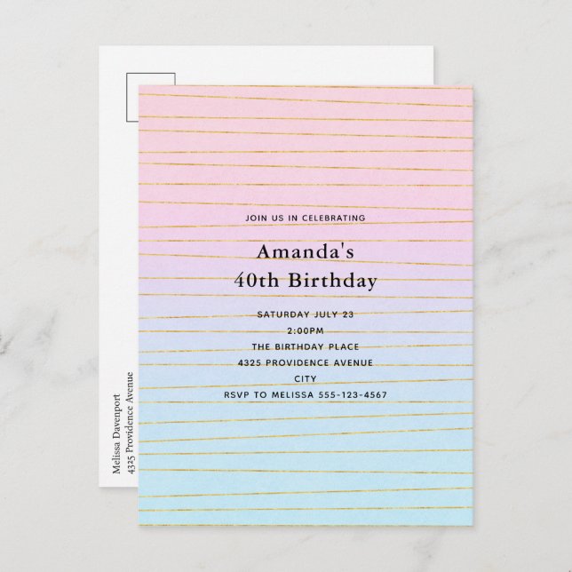 Pink Blue Pastel Gradient with Gold Lines Birthday Invitation Postcard (Front/Back)