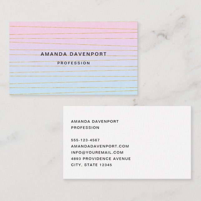 Pink Blue Pastel Gradient with Gold Lines Business Card (Front/Back)