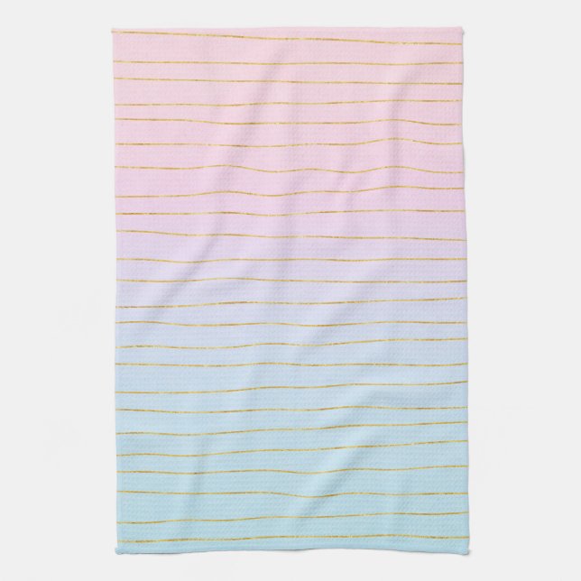 Pink Blue Pastel Gradient with Gold Lines Tea Towel (Vertical)