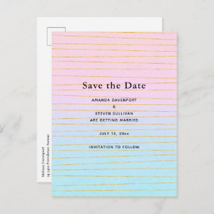 Pink Blue Pastel Gradient with Gold Lines Wedding Announcement Postcard