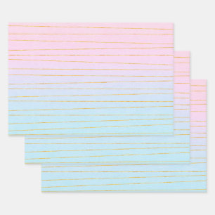 Pink Blue Pastel Gradient with Gold Lines Wrapping Paper Sheet