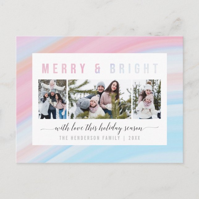 Pink & Blue Pastel Merry & Bright Holiday Photo Postcard (Front)