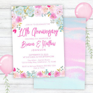 Pink Blue Peach Floral 10th Wedding Anniversary Invitation