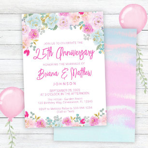Pink Blue Peach Floral 25th Wedding Anniversary  Invitation