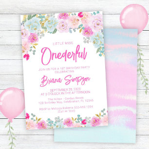 Pink Blue Peach Floral Onederful Birthday Invitation
