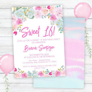 Pink Blue Peach Floral Sweet 16 Birthday Party Invitation