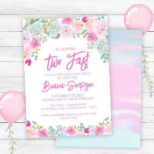 Pink Blue Peach Floral Too Fast Birthday Invitation