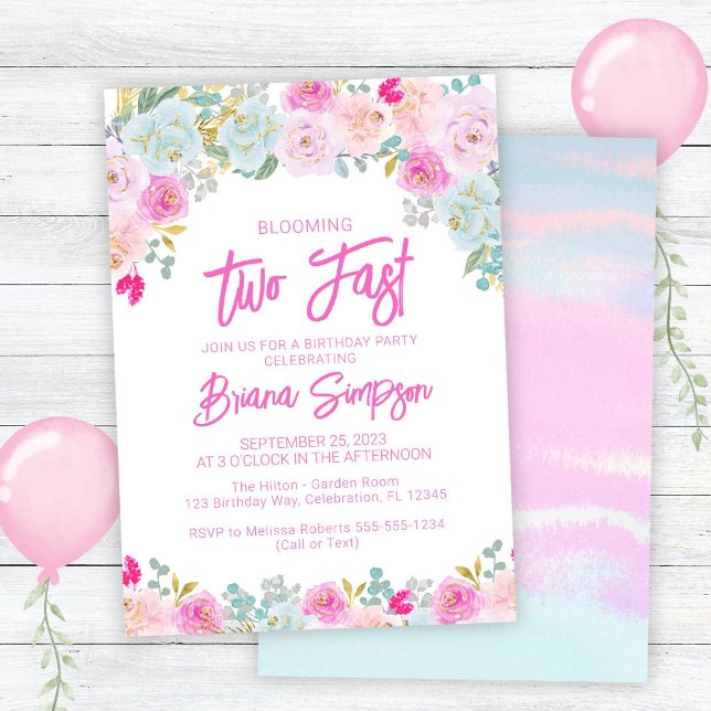 Pink Blue Peach Floral Too Fast Birthday Invitation (Creator Uploaded)