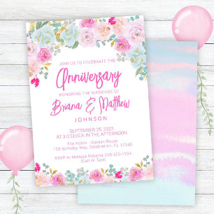 Pink Blue Peach Floral Wedding Anniversary Invitation
